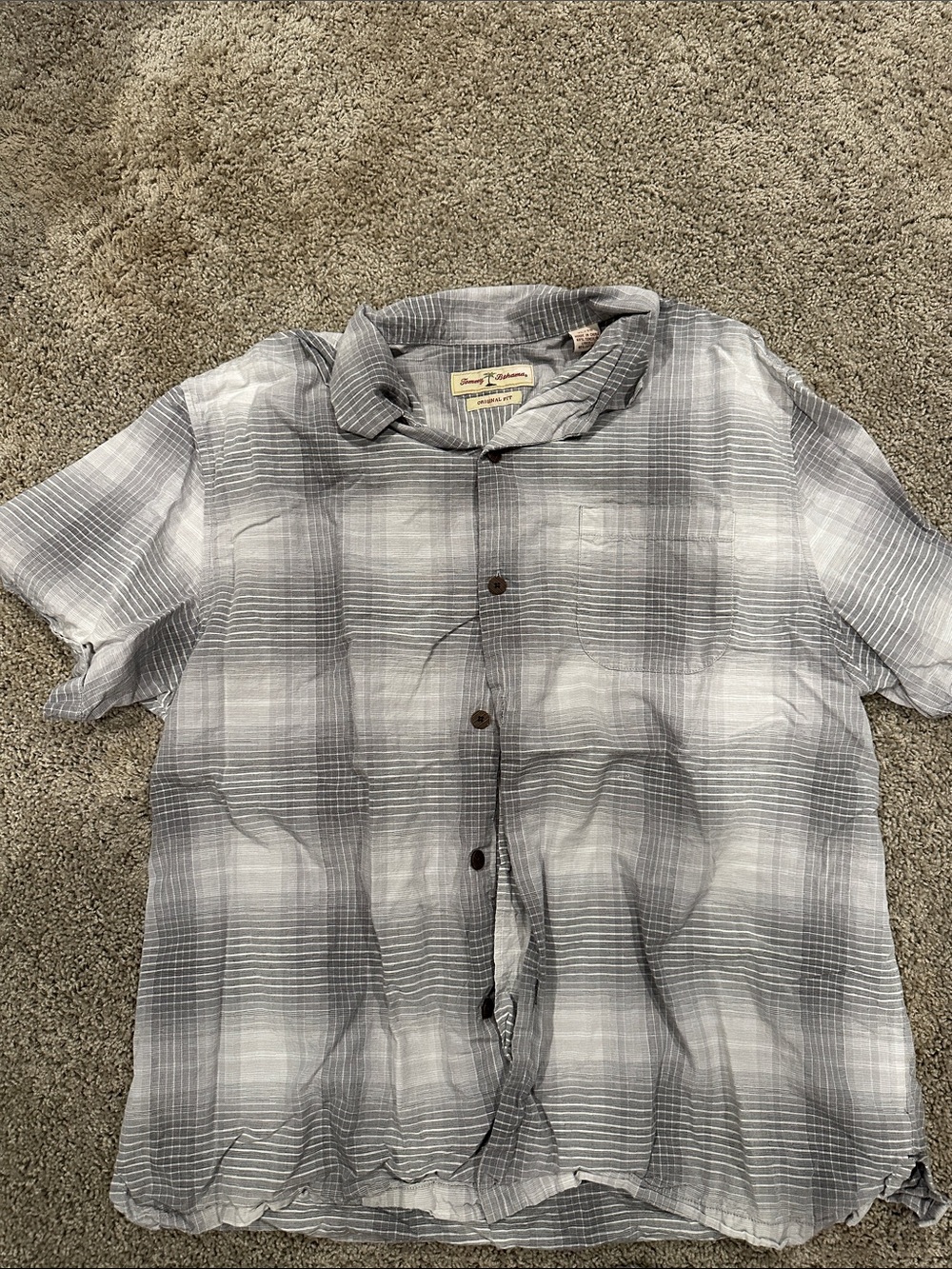 Tommy Bahama Gray and White Plaid Short-Sleeve Button-Down Shirt